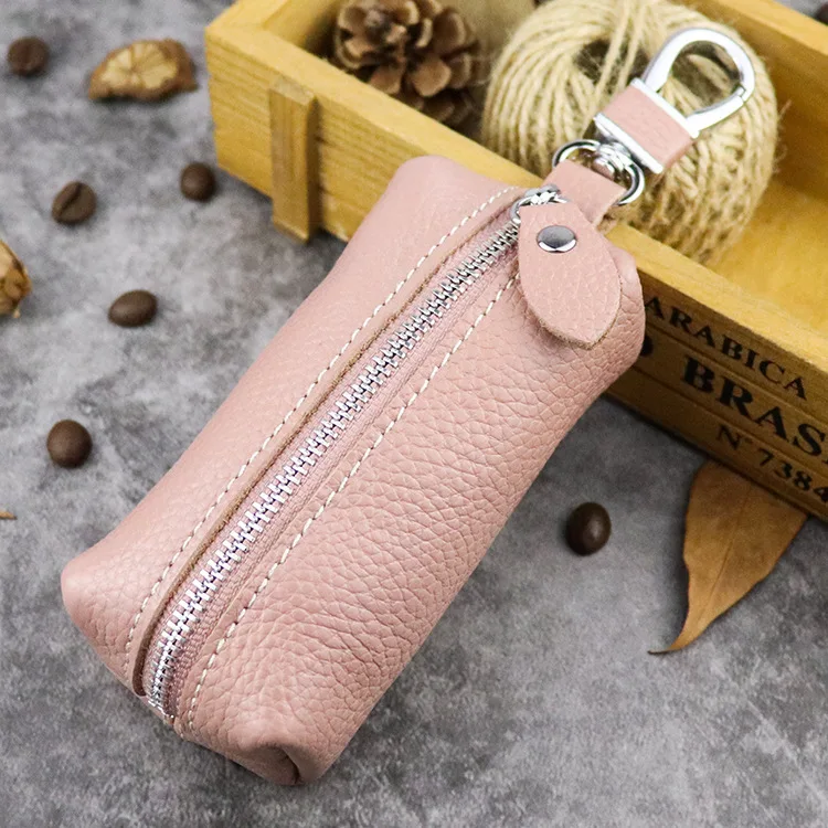 Pink Genuine Leather Car Key Protection Case Men Keychain Coin Purse Casual Housekeeper Holders Zipper Key Covers Wallet Unisex - Цвет: Pink