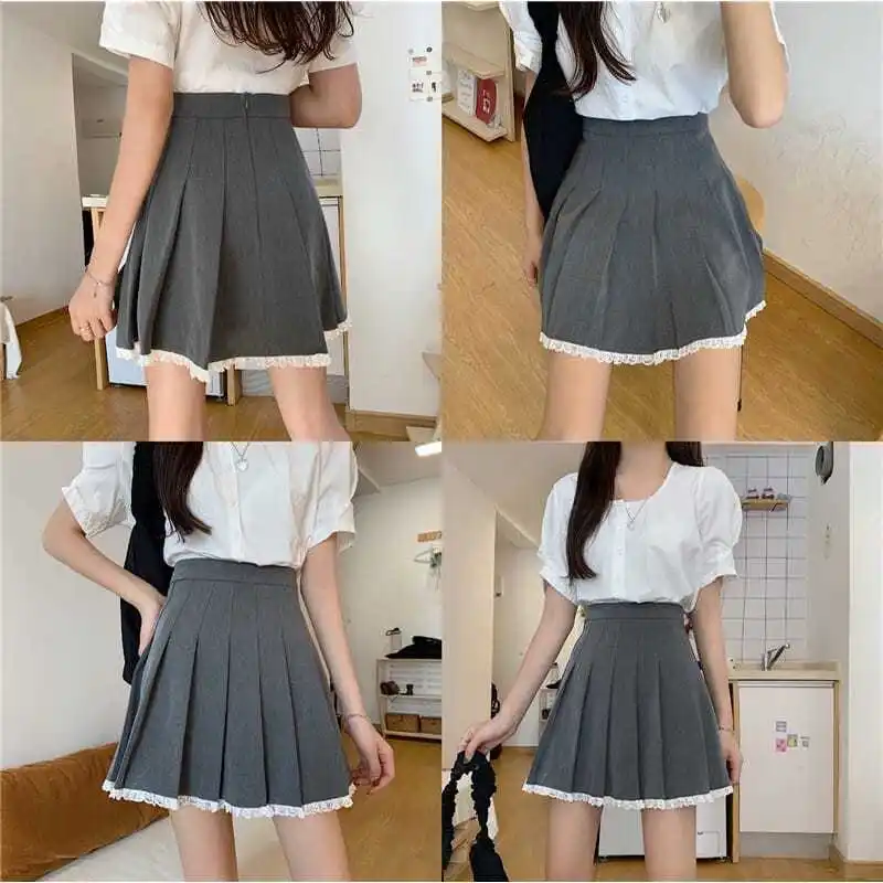 Юбка серая плиссированная юбка во французском ретро стиле с кружевным краем