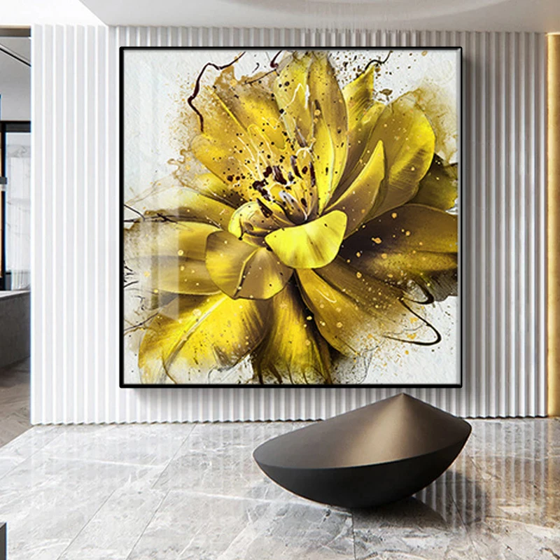 

Modern, yellow, romantic, blue, abstract golden blue painting of flower prints and poster prints