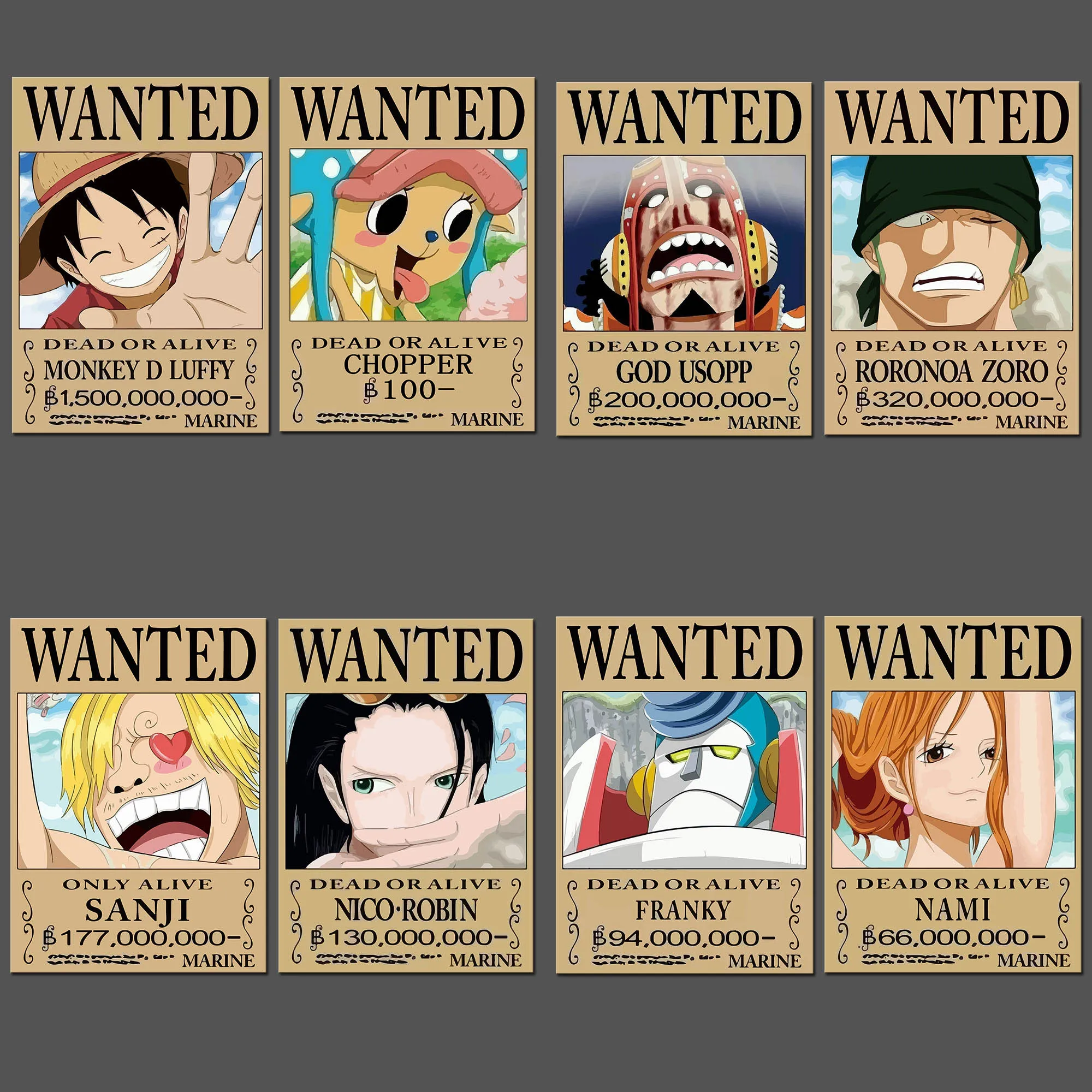 Постеры Аниме ONE PIECE хотели 8 шт./лот новинка Постер Luffy Ace Jinbe Nami Chopper Robin Zoro Sanji Usopp