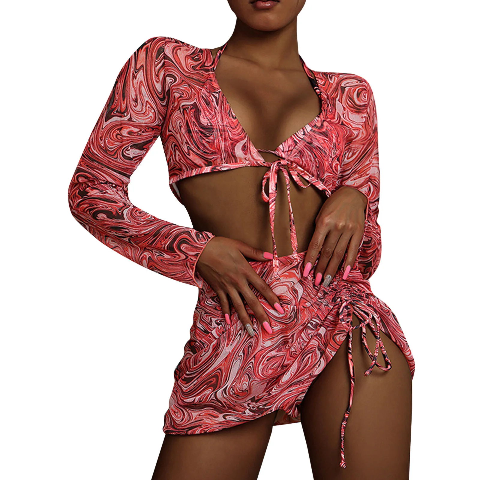 

Комплект бикини женский из четырех предметов, Раздельный купальник пуш-ап с ярким принтом, с завязкой в небе, пляжная одежда