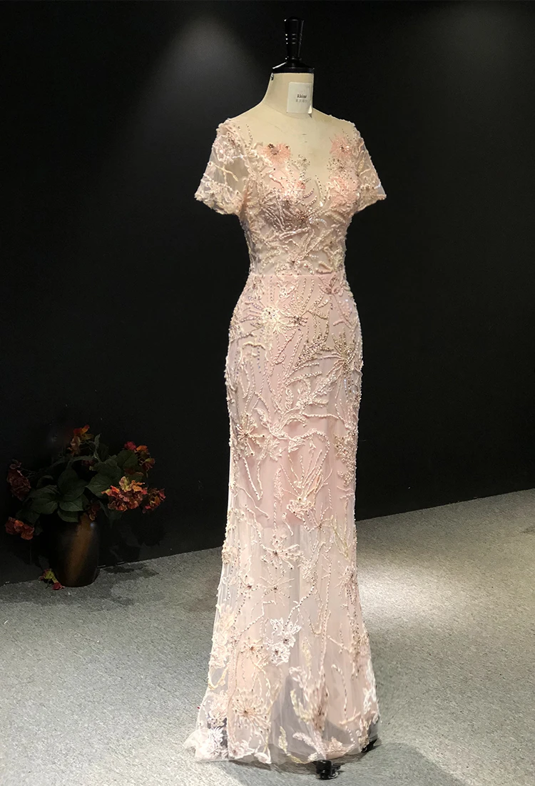 Rhine real Pictures Luxurious Pink Lace Short sleeves Beads Mermaid vestido de noiva robe de soiree arabic evening dresses long