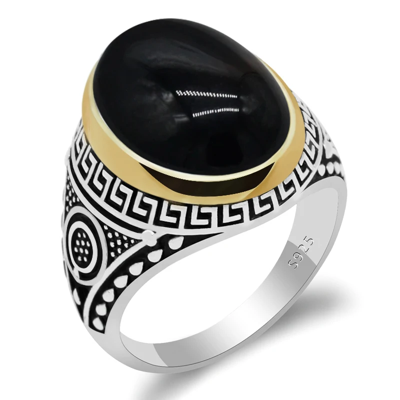 

Vintage Onyx Ring for Men Women 925 Sterling Silver Oval Natural Gemstone Turkish Handmade Retro Jewelry Rings Anniversary Gift