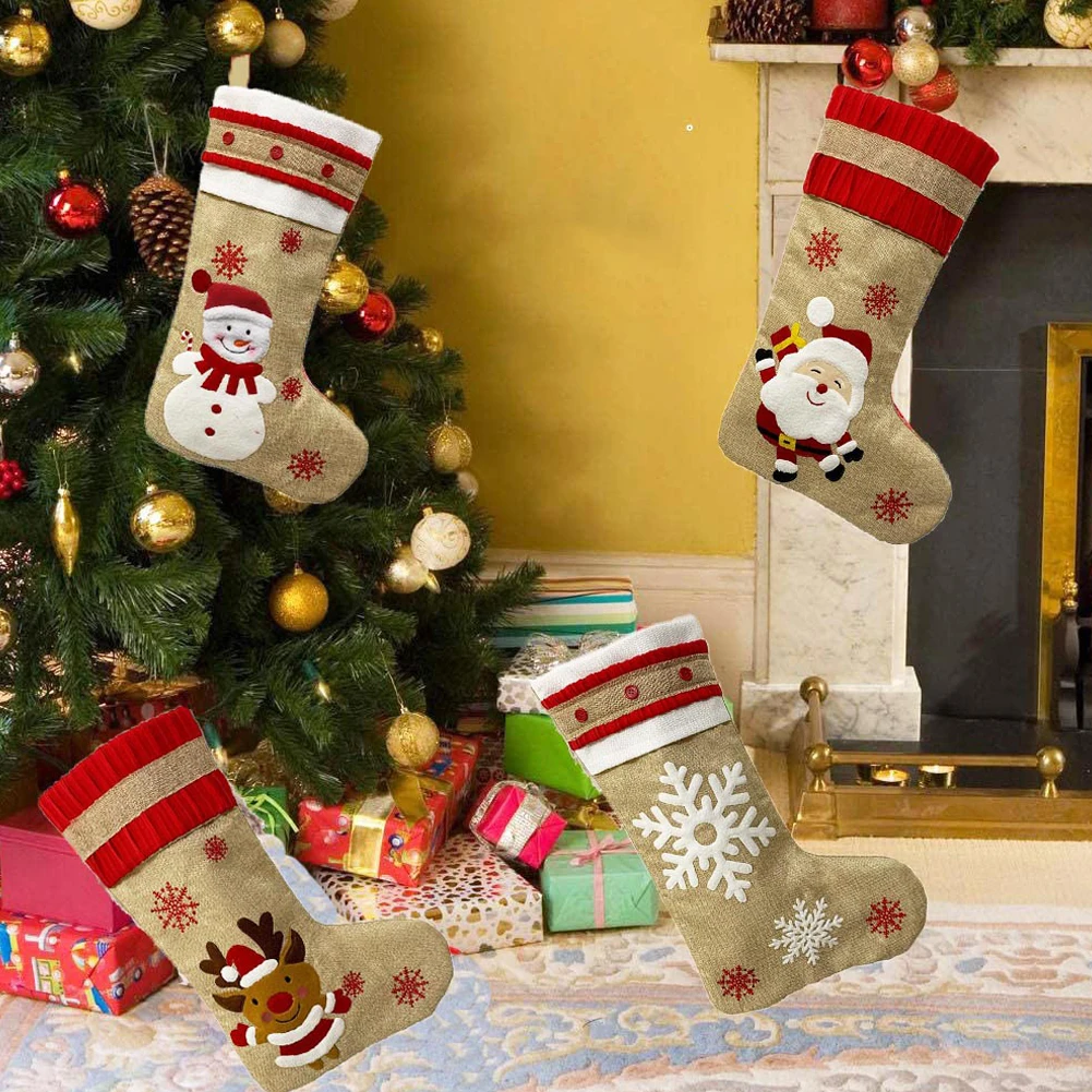 

4PCS Christmas Stockings Socks Gift Candy Bag Christmas Decorations For Home New Year 2022 Snowman Reindeer Santa Snowflake