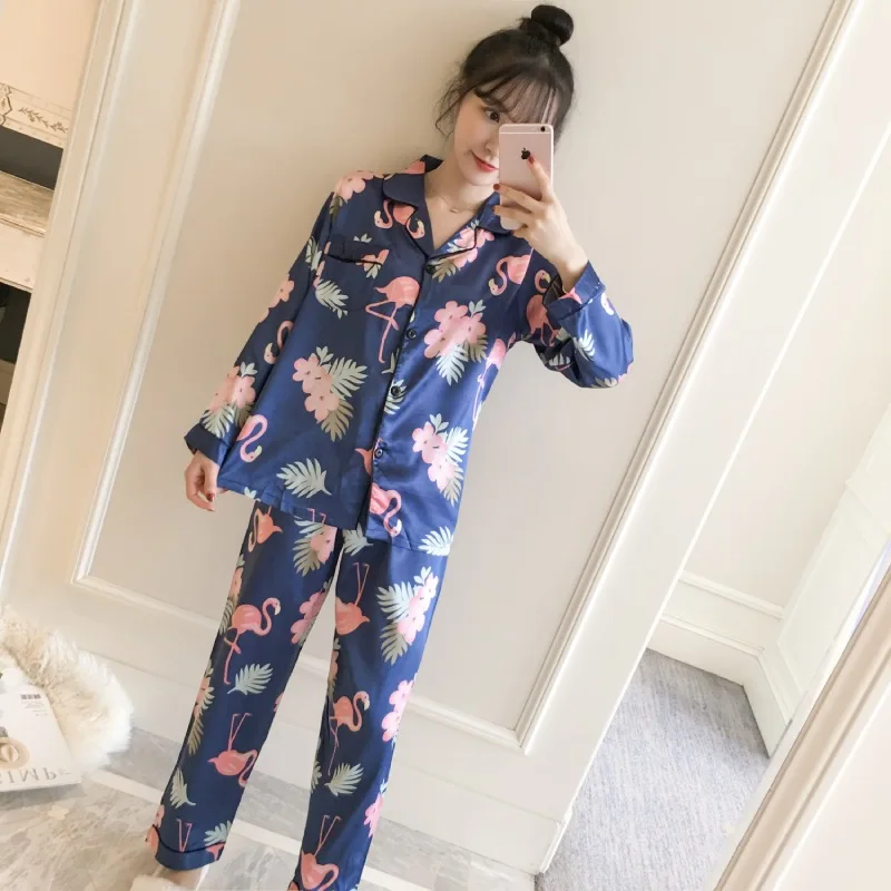 navy blue Летний и осенний женский Шелковый пижамный комплект атласная рубашка с длинными рукавами брюки розовый Фламинго печать домашний сервис - Цвет: navy blue
