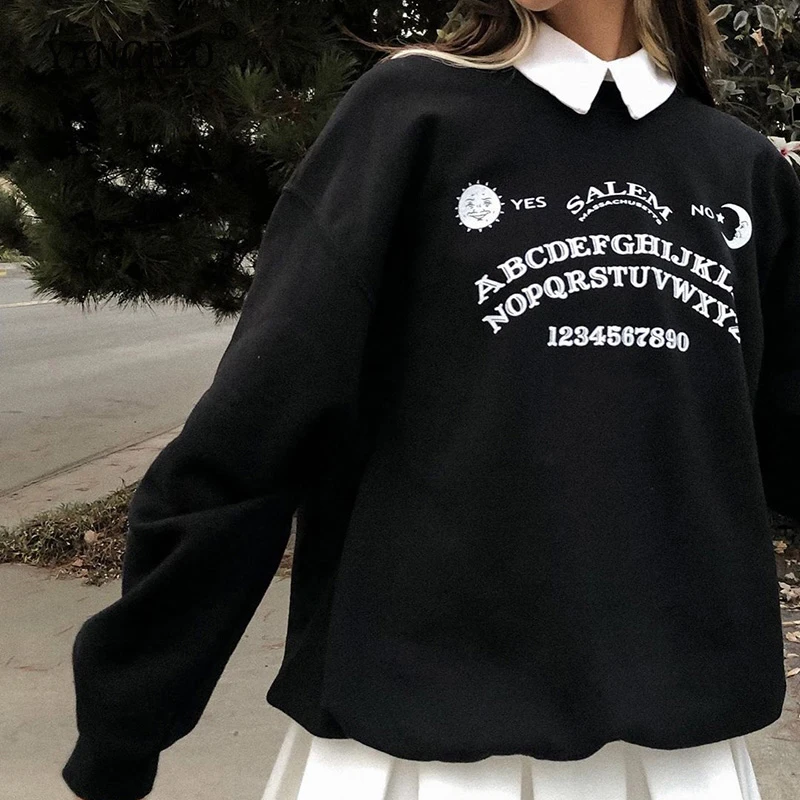Winter Black Plus Size Sweatshirt Women Harajuku Grunge Gothic Oversized Streetwear Letter Hoodies Long Sleeve Lapel Pullovers