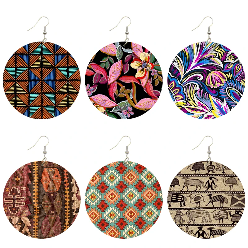 

SOMESOOR Bohemian Afro Fabric Design Printed Wooden Drop Earrings African Ethnic Flowers Loops Dangle Jewelry For Women Gifts