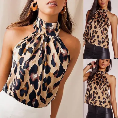 Womens Sexy Leopard Print Halter Neck Sleeveless Button Cami Vest Evening Party Tops Casual Backless Sleeveless Shirts