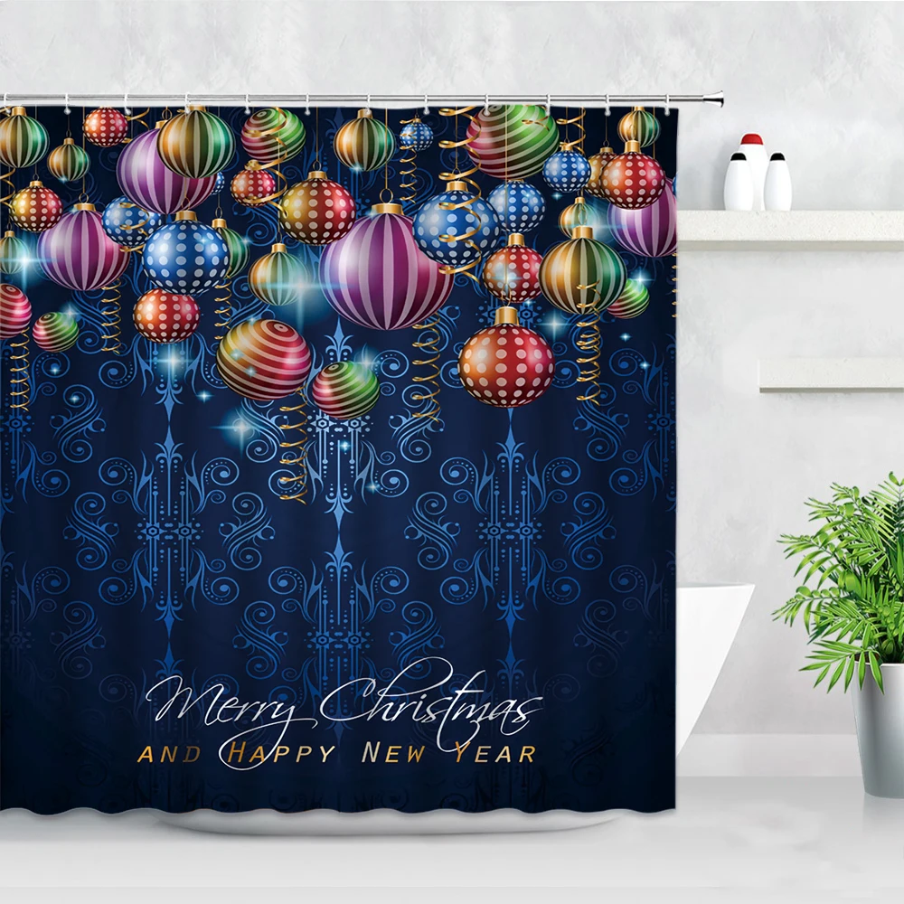

Color Christmas Ball Decor Shower Curtains Bohemian Floral Blue Backdrop New Year Xmas Bathroom Fabric Bath Curtain With Hooks