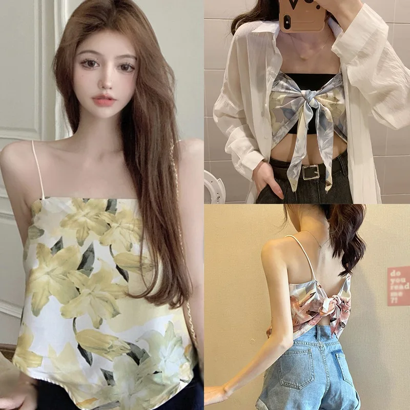 

Jlong Sexy Silk Scarf Bra Strap Women Tank Tops Summer Fashion Chiffon Floral Printing Vest