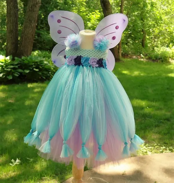 

Girls Aqua Butterfly Fairy Flower Tutu Dress Kids Tulle Dress Ball Gown with Wing Children Christmas Party Cosplay Costume Dress