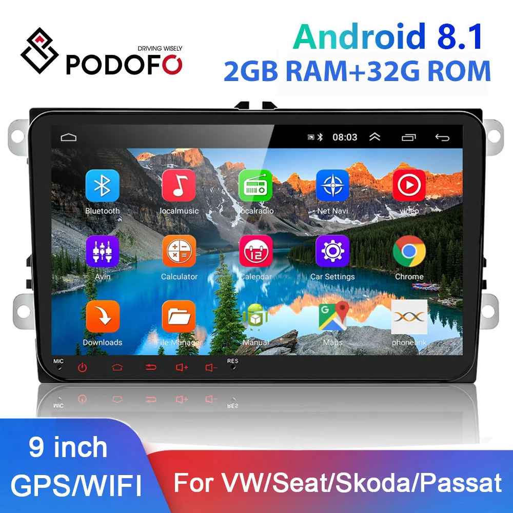 

Автомагнитола Podofo, 2 Din, Android 8,1, Bluetooth, 9 дюймов, WIFI, GPS, MP5