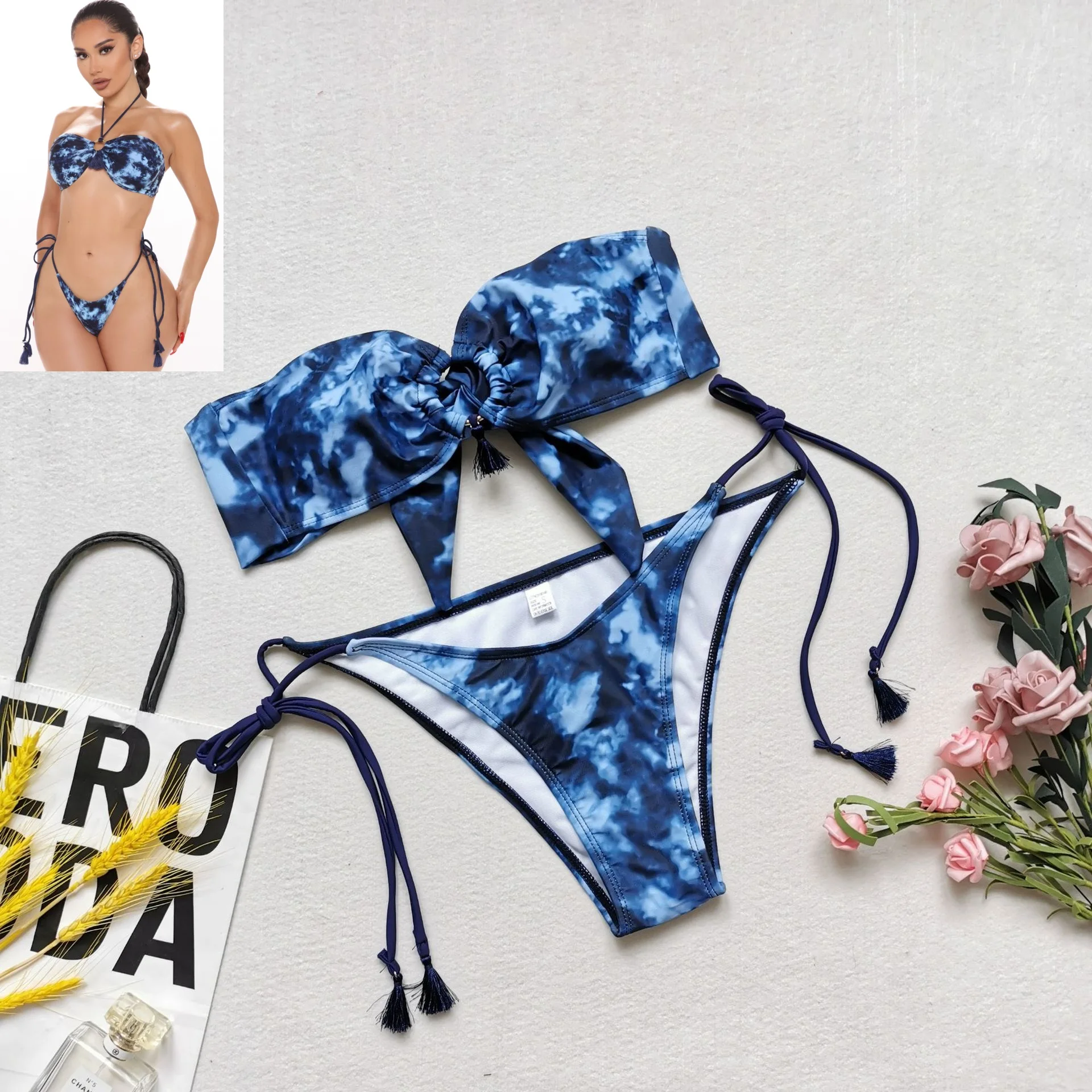 

Summer Ladiess Tie-dyed 2Pcs Bikini Suit, Strapless Hollowed Halter Tops with Side Tie Triangle Bottoms for Beach/ Swimming