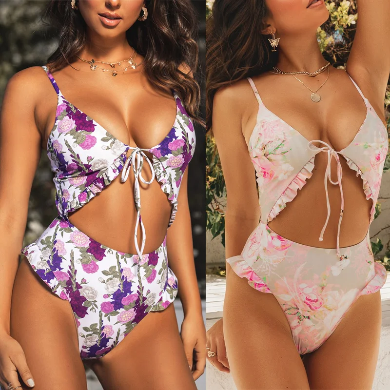 

Sexy Women Floral Bikini Sets 1PCS Swimsuit Swimwear Deep V-neck Front Lace-up Hollowed Monokini Backless Bathing Suit Biquini