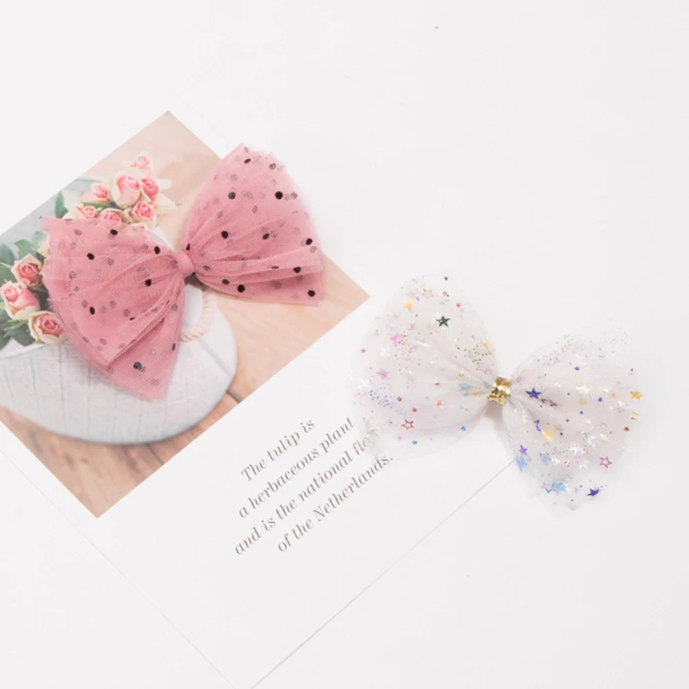Lazos de hilo de punto de lentejuelas para ni&ntilde;as, horquillas de Organza hechas a mano con Clips, tocado de Boutique para ni&ntilde;os, accesorios para el cabello-4