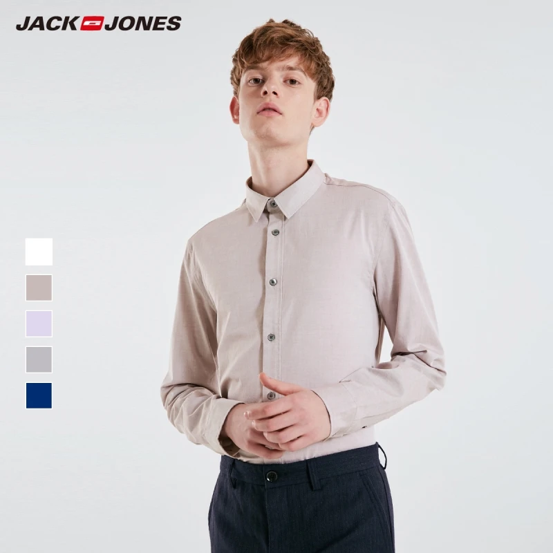 Мужская Однотонная рубашка JackJones из 100% хлопка с длинными рукавами деловая