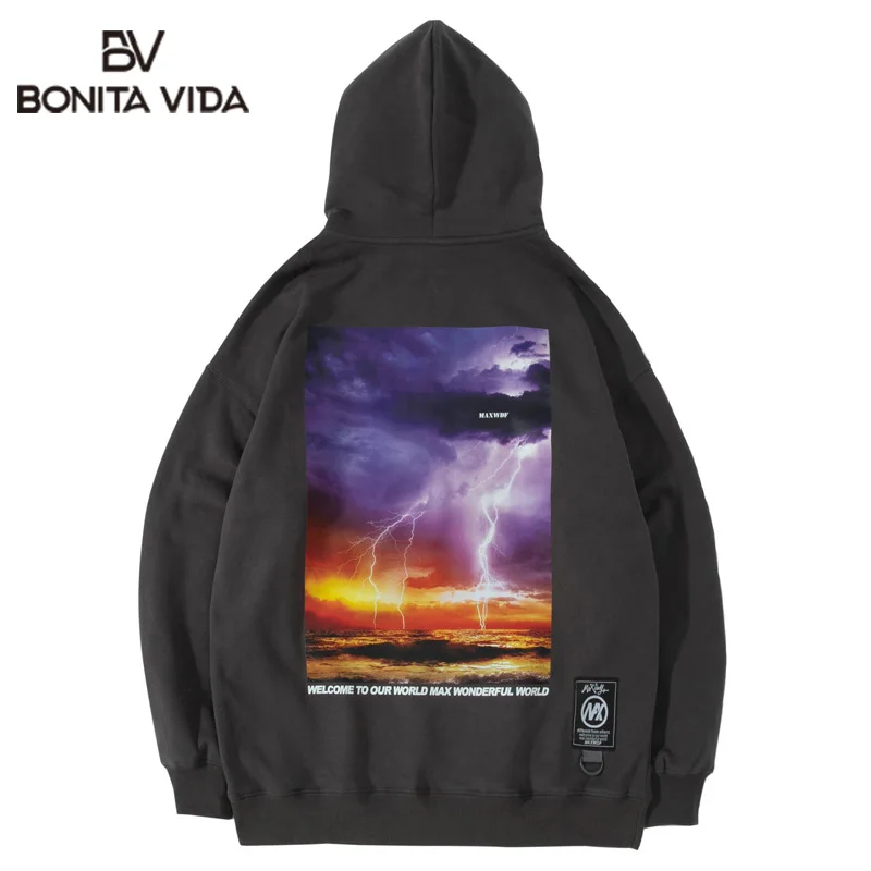 

Bonita Vida Harajuku Streetwear Hooded Sweatshirts Lightning Cloud Print Hoodies Hip Hop Fashion Casual Loose Mens Hoodie Tops