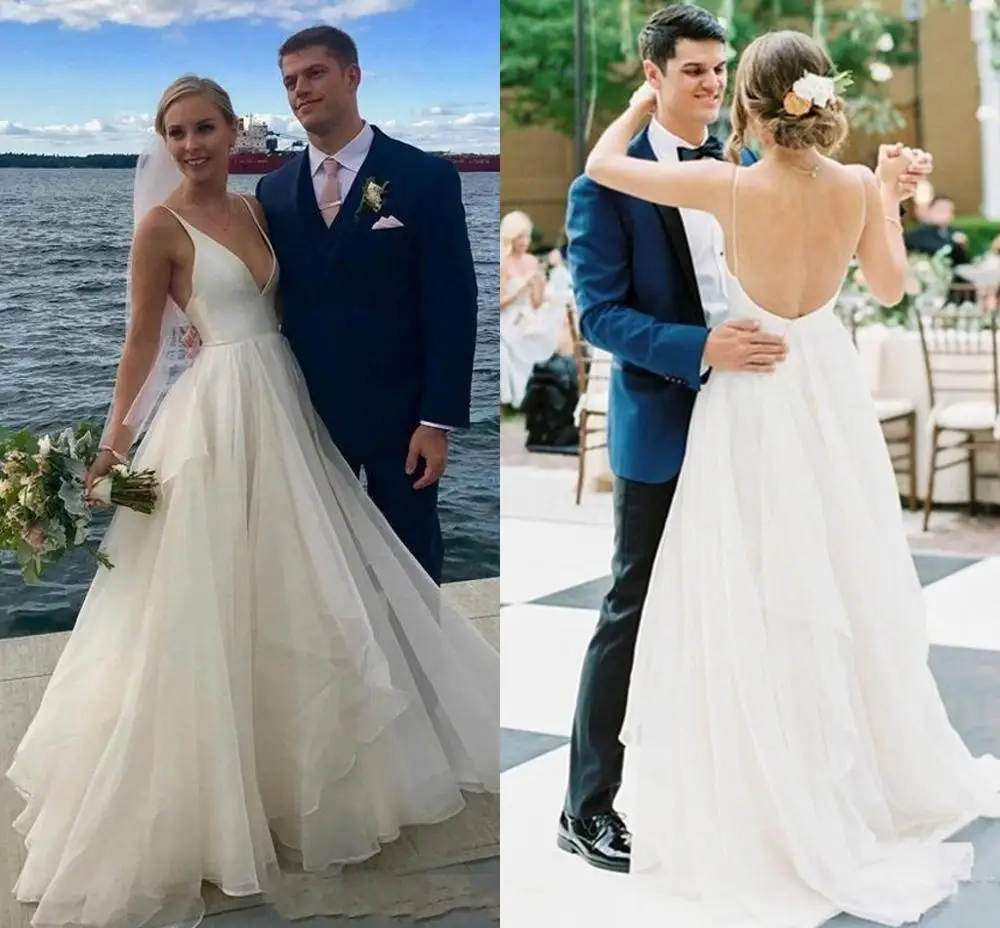 2020 Boho Beach Wedding Dresses Simple V Neck Cheap Spaghetti Straps Tiered Skirt Organza Backless Bridal Gown vestido de novia