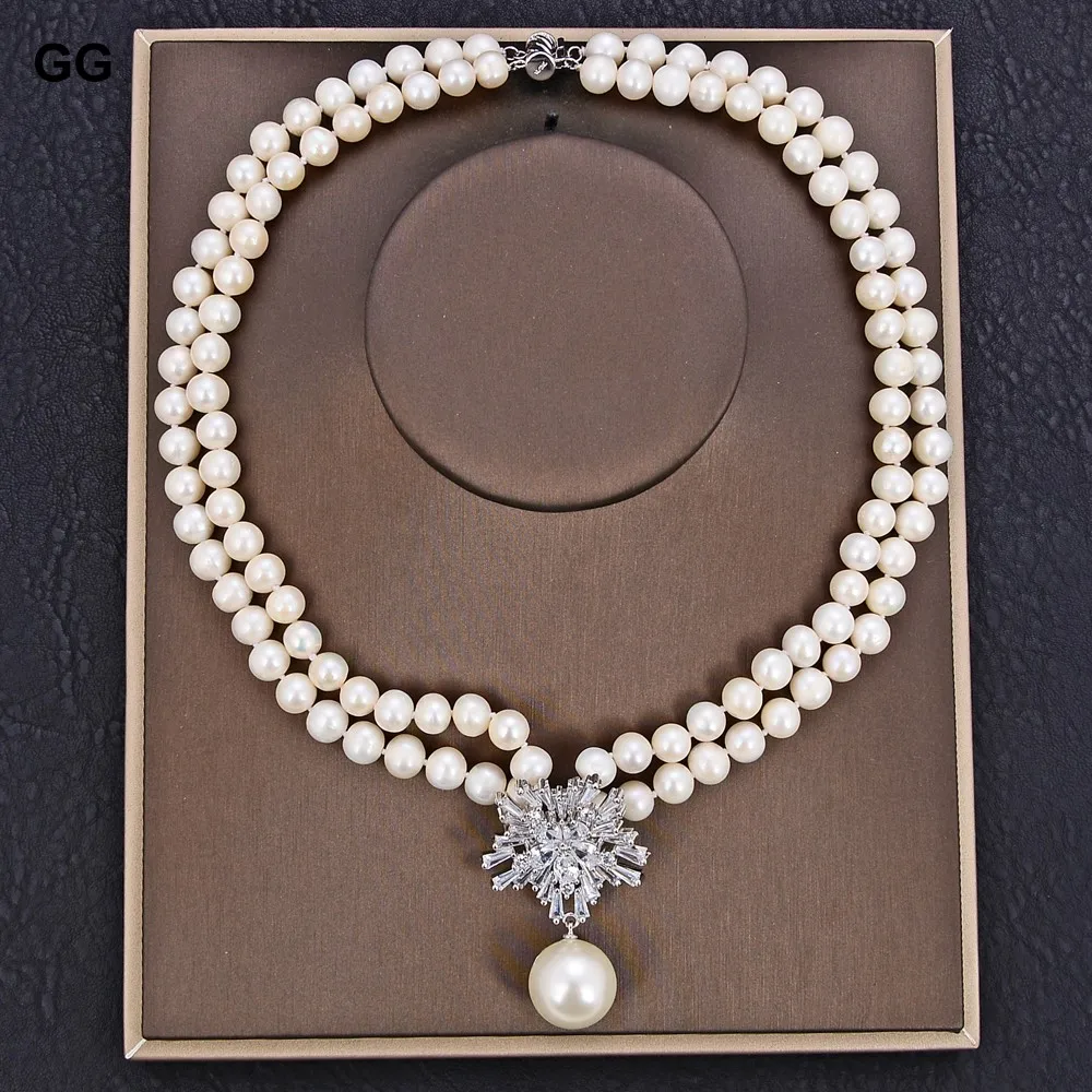 

GuaiGuai Jewelry 18" 2 Strands Natural White Pearl CZ Shell Pendant Necklace For Women