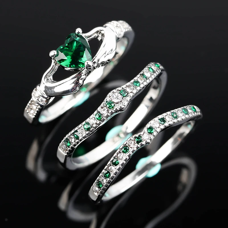

3pcs Exquisite Green Crystal Ring For Women With White Zircon Silver Color Hands Holding Heart Wedding s Jewelry