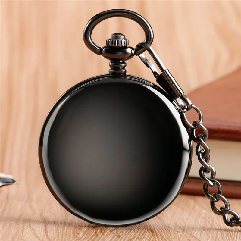 

Antique Full Black Smooth Case Unisex Pocket Watch Skeleton Handwind Mechanical Clock Double Hunter Pendant Chain Roman Number