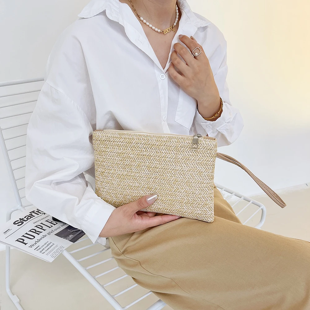 

Fashion Women Bohemian Woven Clutch Wristlet Bag Casual Ladies Beach Summer Solid Color Small Handbags Purse White Beige Gifts