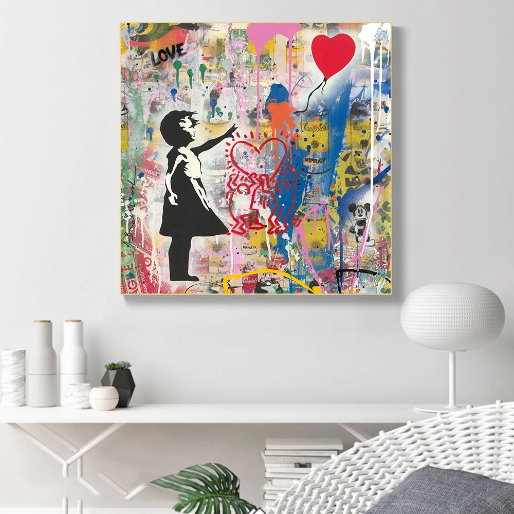 

Abstract Graffiti Banksy Canvas Painting Girl Holding A Love Balloon Posters and Prints Wall Art Pictures Home Decoration Cuadro