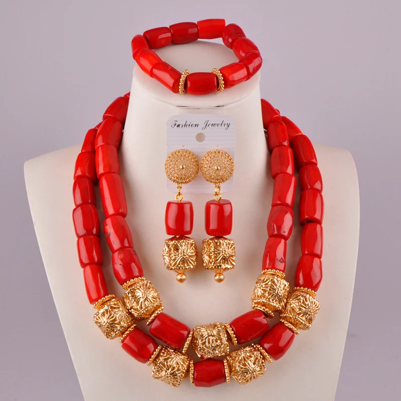 

Модный свадебный комплект из красных коралловых бусин в нигерийском стиле, Комплект украшений из ожерелья кораллового цвета в африканском ...