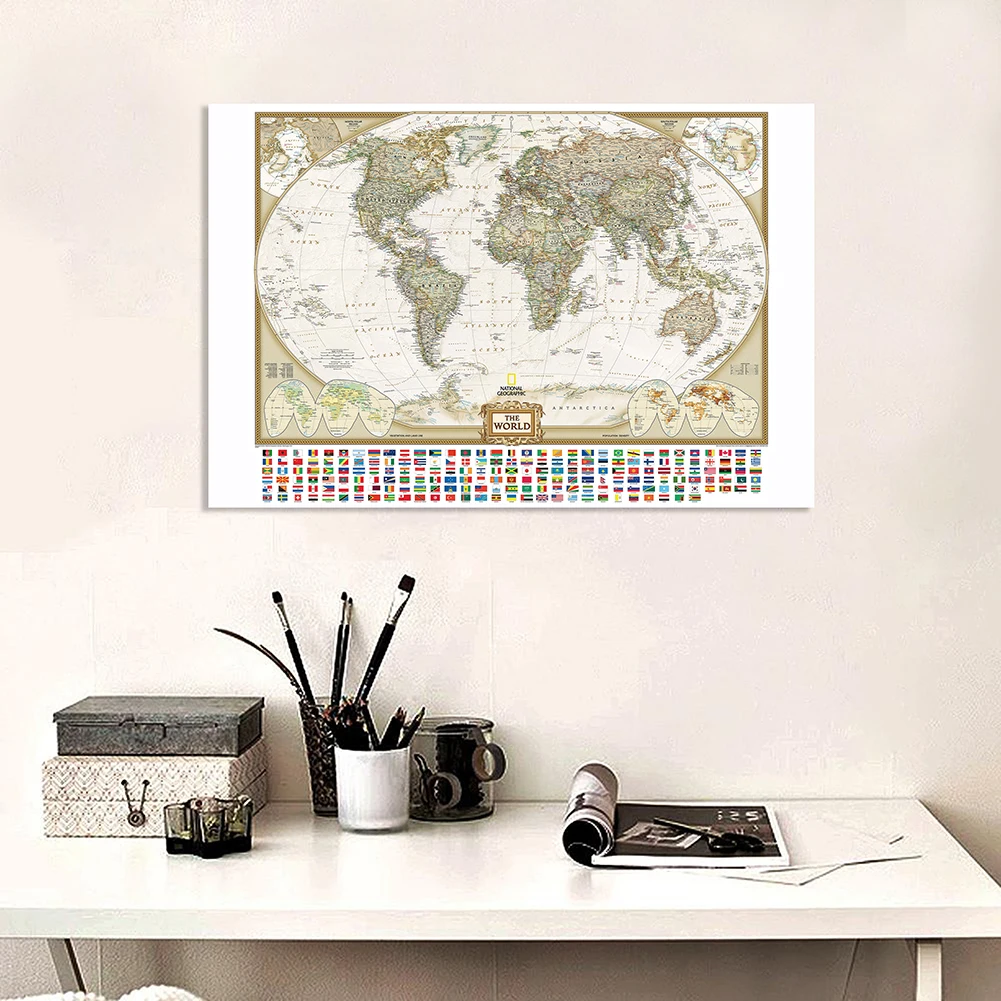 

150*100cm Vintage Political Map of The World with National Flags Canvas Painting Wall Art Poster Home Decor School Supplies