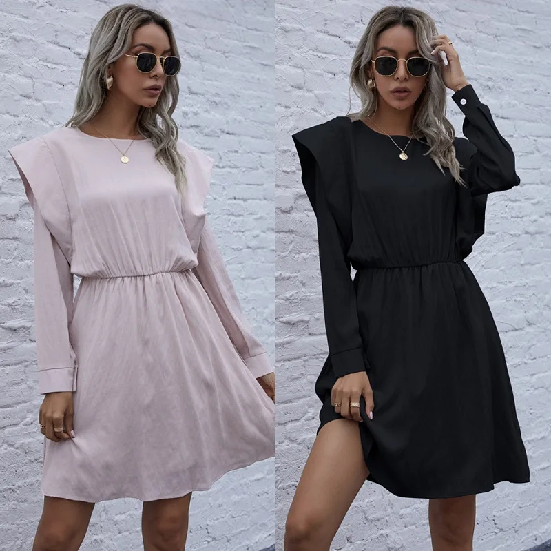 

Casual A-Line Mini Shoulder Pads Dresses Women Long Sleeve O Neck Solid Color Dress 2021 Spring Vintage Fashion Dress for Female