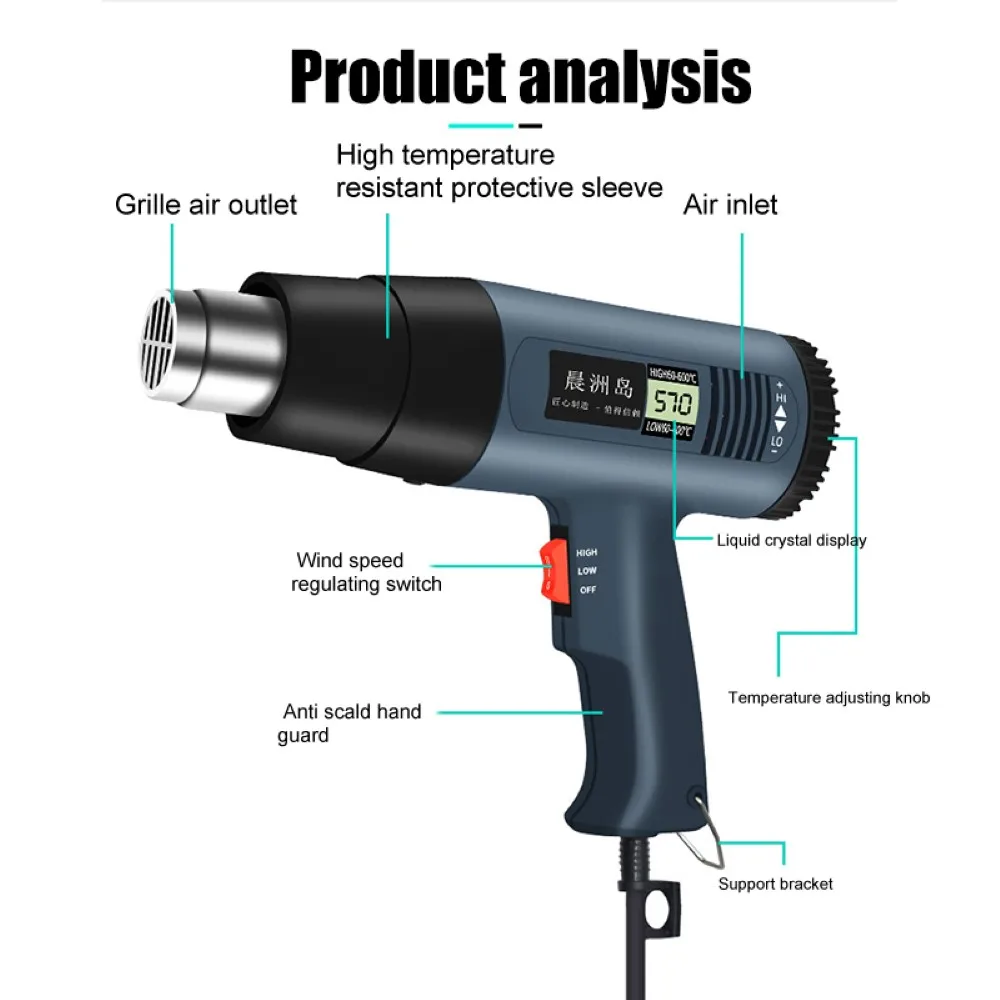 Цифровой тепловой инструмент с регулируемой температурой 2000 Вт 2-скоростной