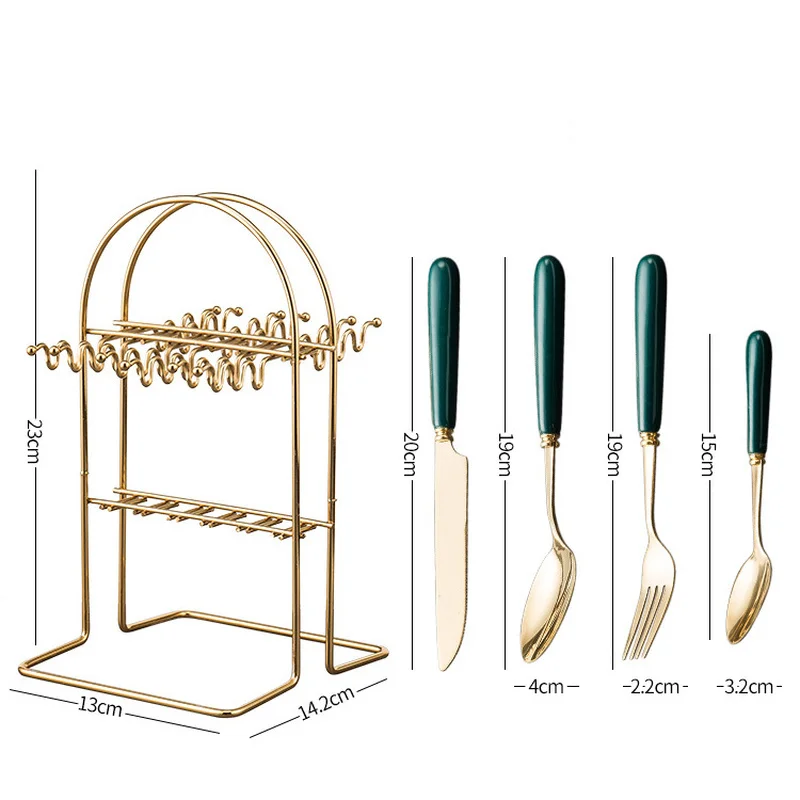 

24pcs Gold Dinnerware Ceramic Handle Knife Fork Spoon Stainless Steel Cutlery Tableware Set with Storage Rack Dishwasher Safe