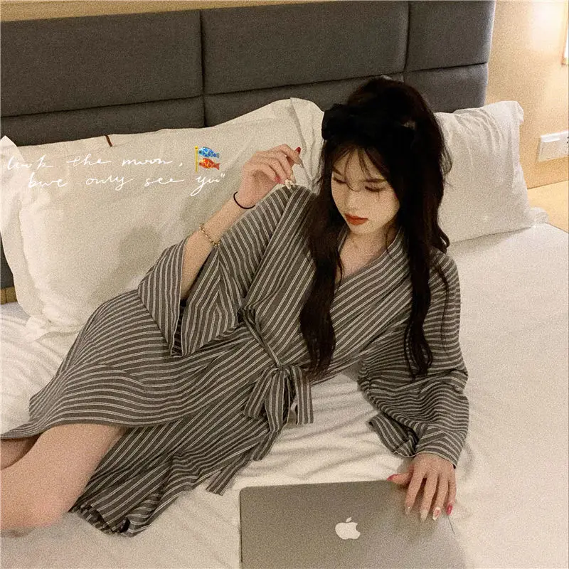 QWEEK Striped Robe Japanese Style Women's Nightwear Autumn Kimono Brief Dressing Gown Long Sleeve Bathrobe Female Sleepwear