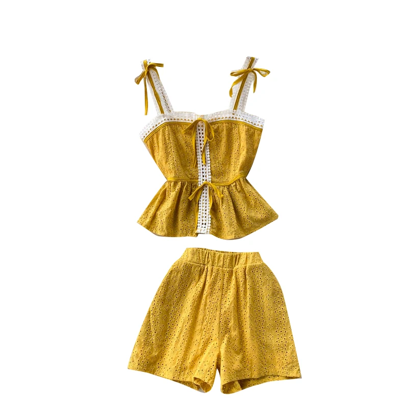 

Women Summer New Fashion Sexy Sweet Sleeveless Camis Tops + High Waist Hollow Wide Leg Shorts Two-piece Sets T480