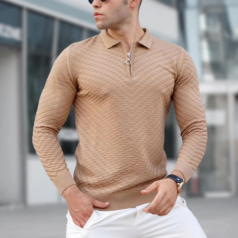 

Casual Simple Solid Polo Shirt Men 2021 Autumn Winter Fashion Turn-down Collar Zipper Knitted Tops For Male Long Sleeve Pullover