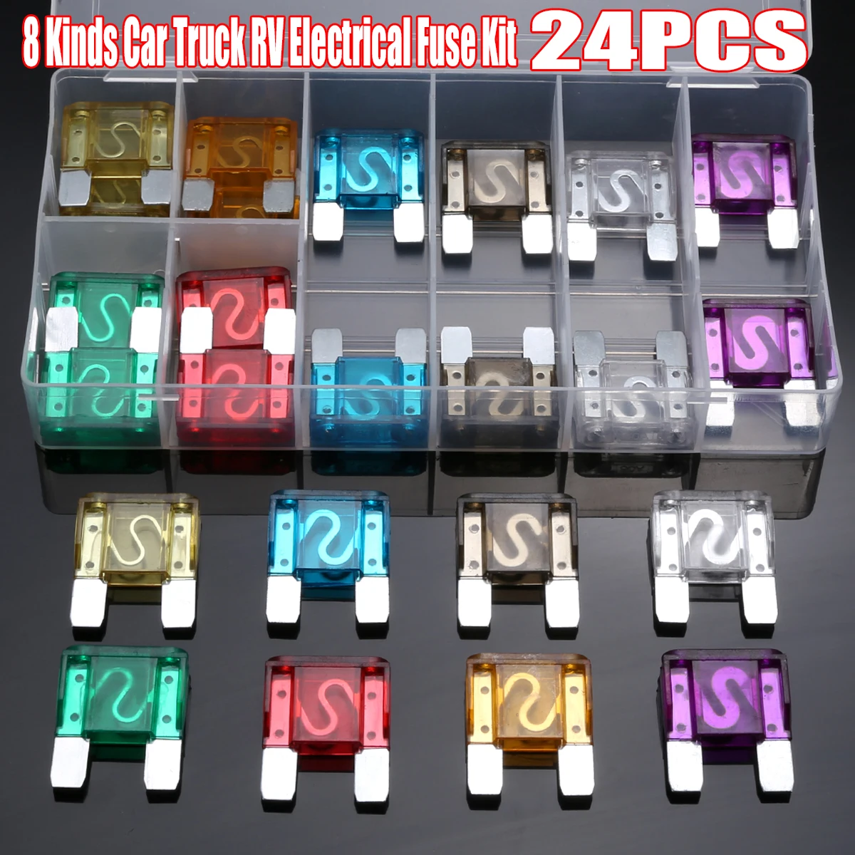 

24PCS 8 Kinds Car Truck RV Electrical Fuse Kit Big Maxi Blade Fuse Assortment Set 20A-100A for Auto Car Suv Home