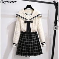 harajuku plaid pleated mini skirt knitted tops two piece set women preppy style sailor collar bow sweet sweater 2 piece outfits