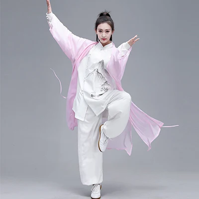 Женский Hanfu Taiji наборы одежды костюм Тан кунг-фу изысканный элегантный тай-чи из трех предметов одежды боевых искусств шаль чернильная живопись - Цвет: Pink