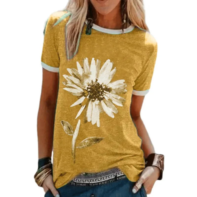 

Top Women Clothes Summer New Fashion Short Sleeve Oversized T-Shirts Flower Printed Round Neck Casual Solid Female Polo Shirts