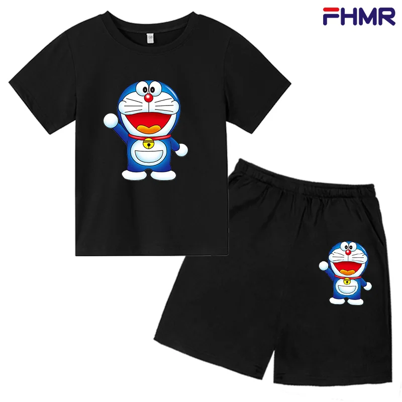 

Детская футболка и шорты Doraemon, костюм с коротким рукавом из чистого хлопка с мультяшным принтом для компьютерных игр, 3-4-5-6-7-8-9-10-14 лет
