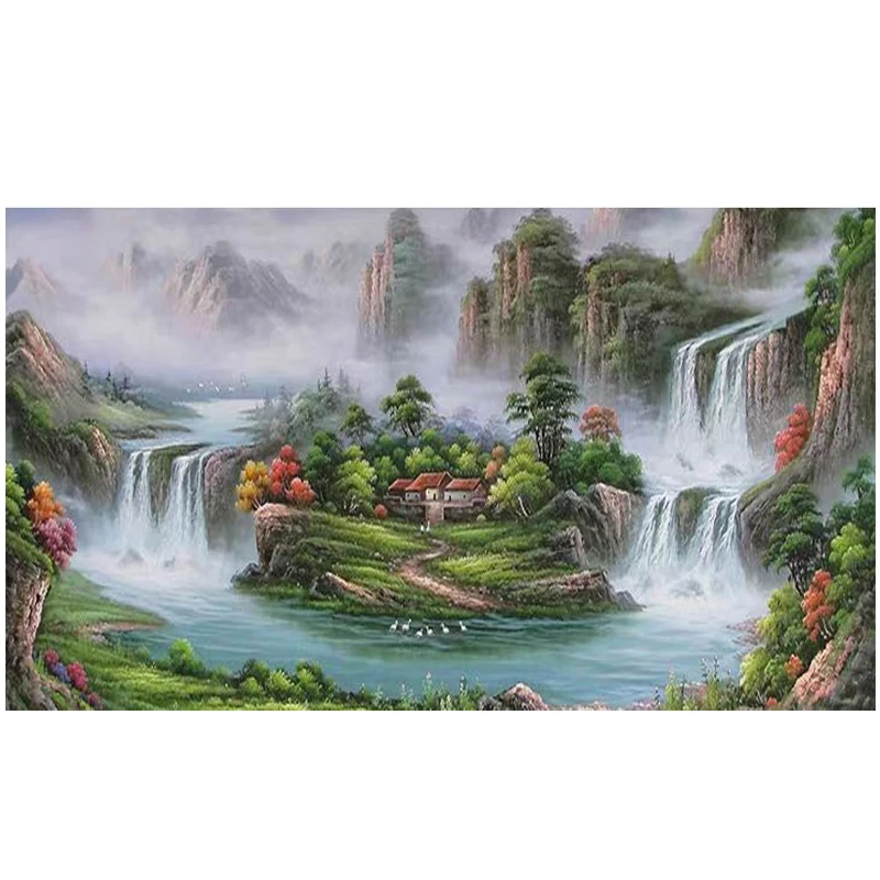 

Full Square round diamond Painting Mountain and River Hut 5D Cross stitch Rhinestone Mosaic Diamond Embroidery Home DecorZP-3514