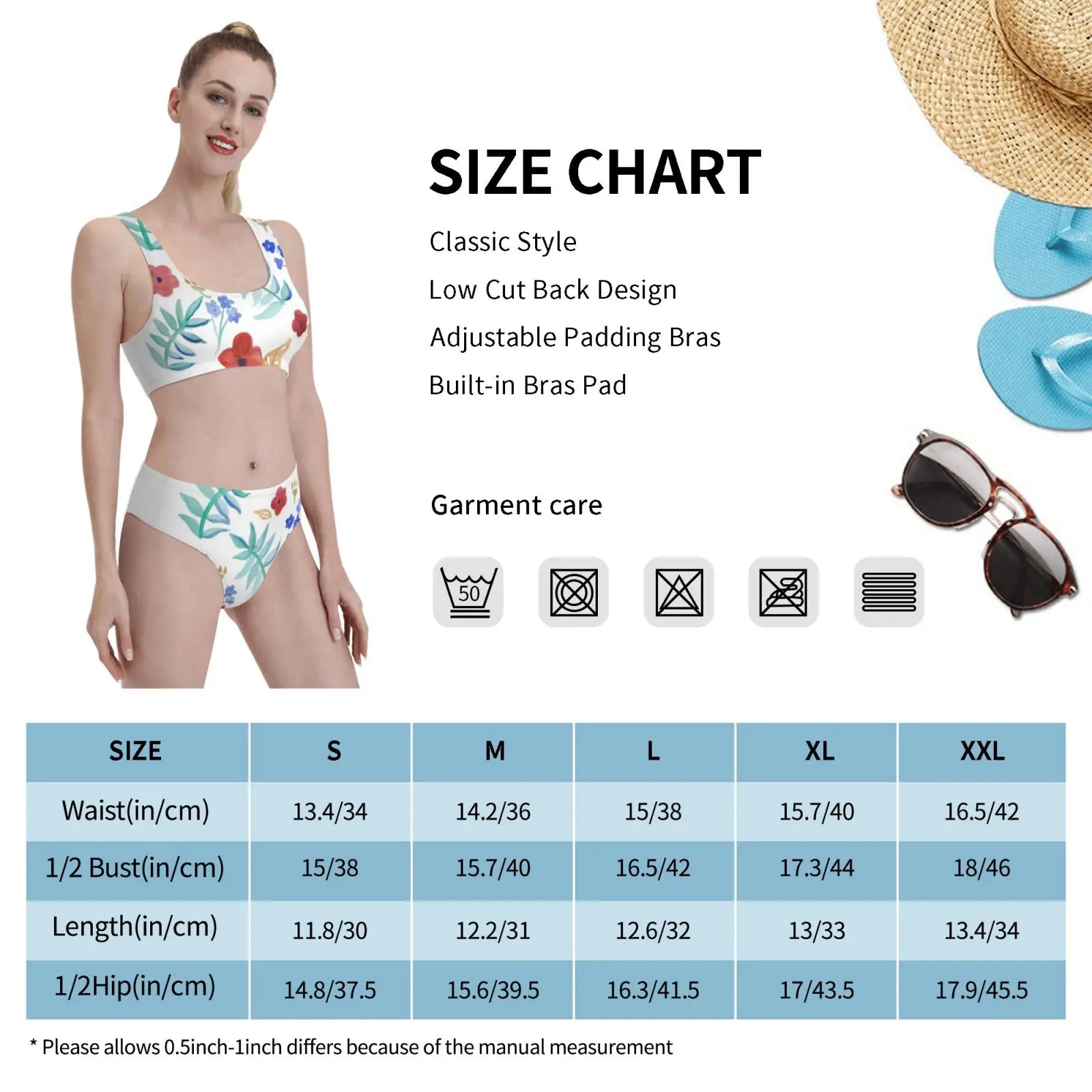 

Watercolour Florals Swimsuit one piece Bikini Padded Floral Flowers Red Yellow Blue Green Happy Colourful Summer Pattern