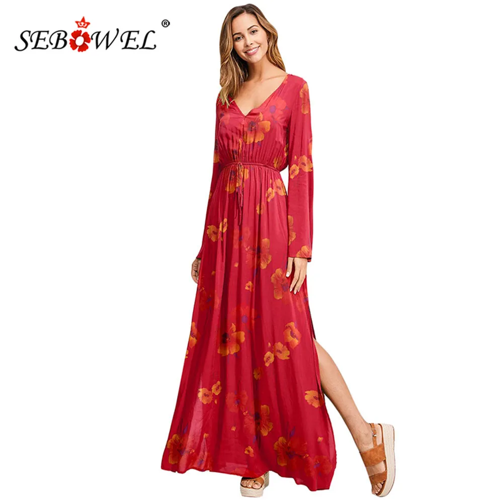SEBOWEL новинка весны женское платье с цветочным принтом на шнуровке макси длинное
