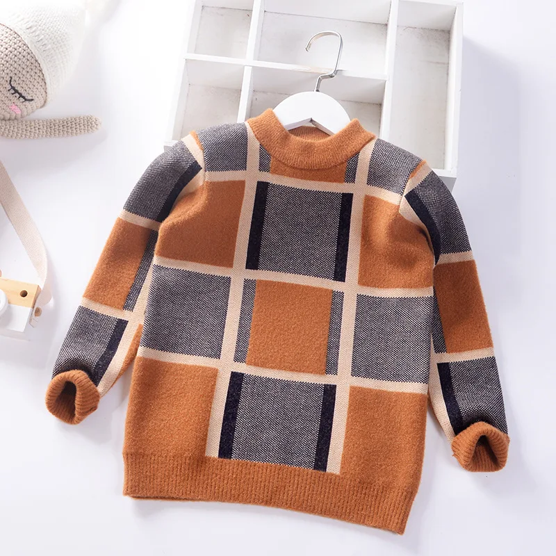 Осенне зимние вязаные свитера для маленьких мальчиков пуловер в клетку Детские