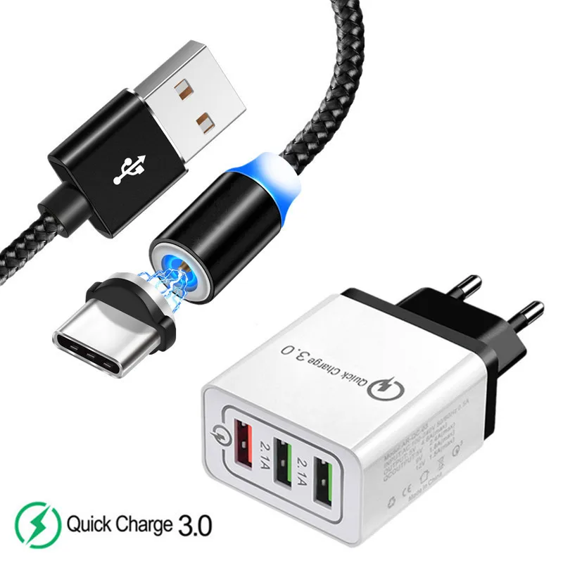 EU charger and cable Для samsung galaxy 2 A40 A50 A70 A20 A90 S8 S9 A7 A5 телефон QC 3,0 быстрое зарядное устройство& Магнитный Тип C USB светодиодный светильник кабеля - Тип штекера: EU charger and cable