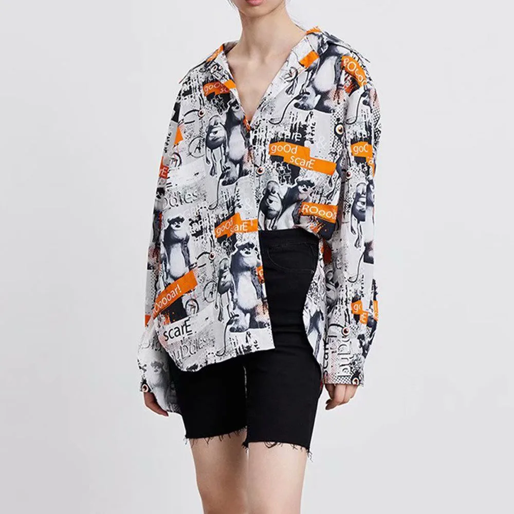 

Женская рубашка в гонконгском стиле ZA, повседневный Свободный кардиган с принтом элемента, блузка с длинными рукавами, 2021