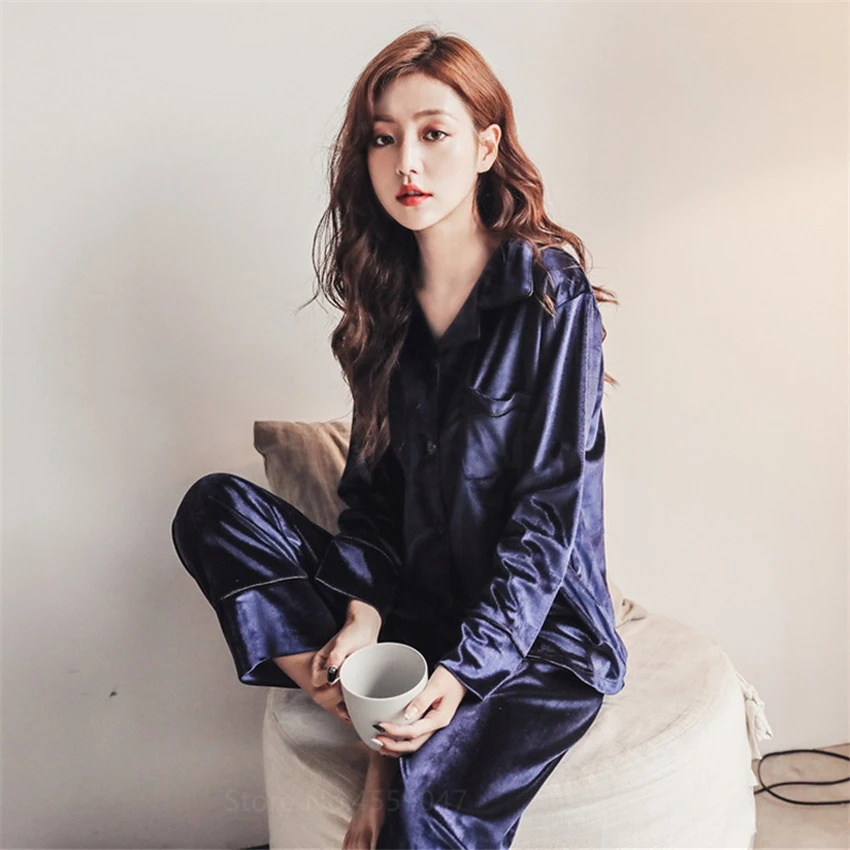 

2 Pieces Velevt Women Pajamas Set Autumn Solid Sleepwear Long Sleeve Homewear Set Ladies Pyjamas Spring Autumn Warm Pyjama set