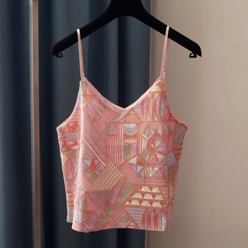 Зеленый тяжелое вышитое с v образным вырезом горловины и пайетками майка на