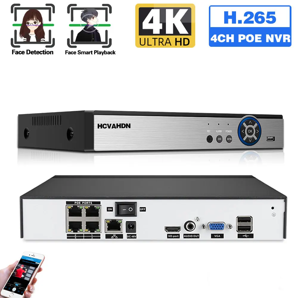 

Видеорегистратор H.265, 4-канальный сетевой видеорегистратор с поддержкой POE, 4K, для IP-камер, с функцией распознавания лица, 8 Мп, XMEYE