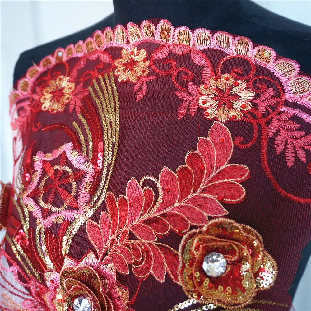 Кружевная ткань 130 см с красным Фениксом павлином блестками цветочной вышивкой